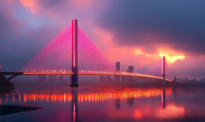 Obraz premium Stunning sunset over a vibrant city skyline with a modern bridge reflecting in calm waters