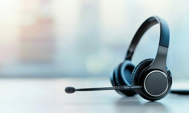 A modern black headset with microphone rests on a bright, clean surface, ready for connection.