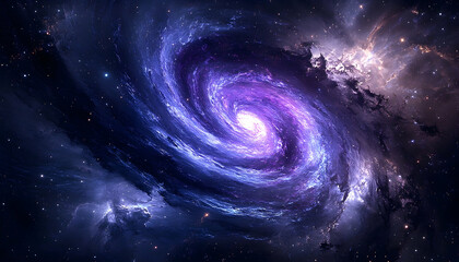 Stunning spiral galaxy with vibrant purple and blue hues set against a starry backdrop