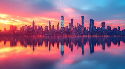 Fototapeta premium Stunning sunset view of New York City skyline reflected in water, showcasing vibrant colors and architecture