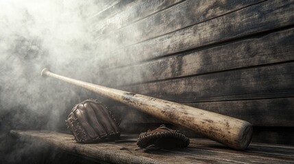 Naklejka premium A baseball bat and glove placed on a dugout bench, with dramatic lighting and a smoky background.