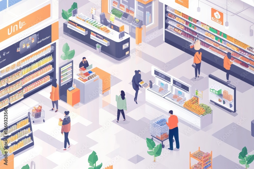 Aufkleber Isometric supermarket scene with customers shopping and Instacart couriers at self-checkout counters in a bright modern setting Generative AI