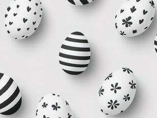 Black and white patterned Easter eggs scattered on a white background, perfect for decorative, seasonal, or design - related projects.