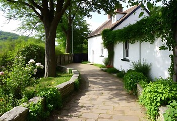 Fototapeta premium Idyllic cottage with a pathway in a lush green garden