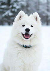 Fototapeta premium Samoyed Puppy Smiling with Fluffy White Fur – Happy Arctic Dog