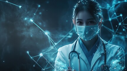 A female doctor in a white coat surrounded by blue network - like light points, representing the integration of technology in modern medicine.