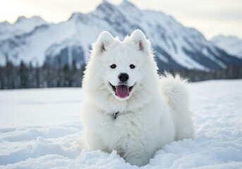 Obraz premium Samoyed Puppy Smiling with Fluffy White Fur – Happy Arctic Dog