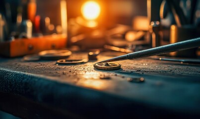 An artisan watchmaker precisely adjusts a cog with specialized tools in a dimly lit workshop.