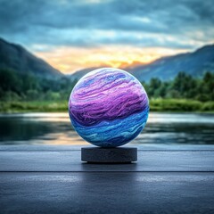 Vibrant Purple and Blue Sphere on Lake Shore at Sunset