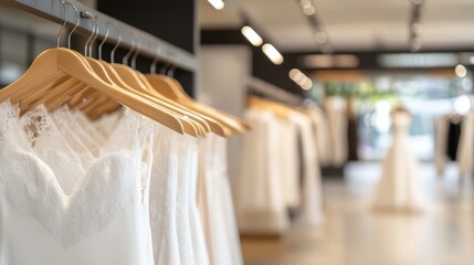 Sleek white wedding dresses hang gracefully in a chic bridal boutique, showcasing intricate designs against a clean background with ample space for text