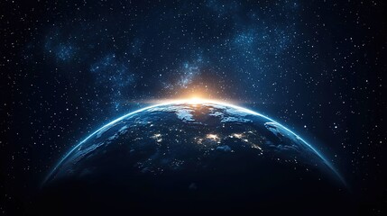 The Earth in space surrounded by stars, evoking a sense of the vastness of the universe and the uniqueness of our planet.
