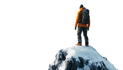 Hiker standing on top of a snowy mountain isolated on white background