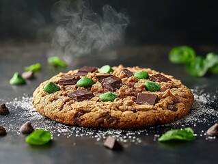 Warm Chocolate Mint Chip Cookie on Dark Surface