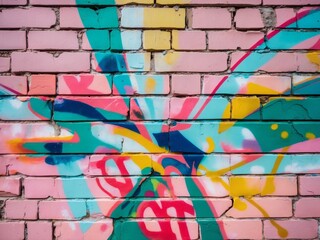 Fototapeta premium Closeup brick wall covered colorful graffiti made up Urban Street Beats