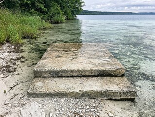 Weathered Concrete Steps Leading into a Calm Lake