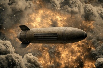 Weathered Missile Flying Through Fiery Explosion Cloudscape