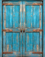 Weathered Light Blue Double Wooden Doors with Rustic Metal Accents
