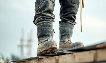 Construction worker stands on a rooftop wearing dirty work boots while working on a building.