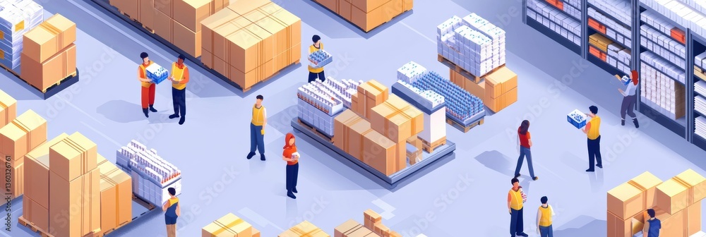 Aufkleber workers pack grocery orders in an isometric modern warehouse with stacked boxes and organized shelve