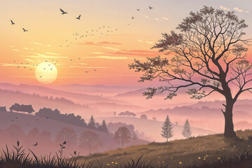 beautiful sunrise over the hills. There's a big tree on the edge. There are flocks of birds in the sky. Illustration of nature in pink tones