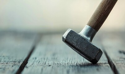 A sturdy sledgehammer rests on a textured wooden plank, symbolizing strength and robust construction.