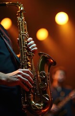 Fototapeta premium Saxophonist performs live jazz music on stage with bokeh lights. Musician plays golden saxophone at concert. Music show, night life performance with brass wind instrument and talented artist on stage.