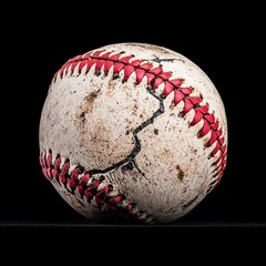 Well worn Baseball with Dirt Stains and Crack on Black Background