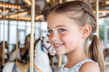 Obraz premium Smiling Child on a Carousel with Blurred Background