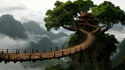Whimsical Treetop House and Winding Bridge in Misty Mountain Landscape