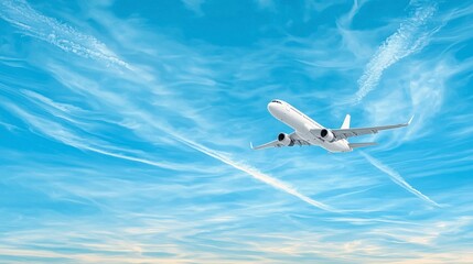 White Airplane Soaring in a Blue Sky with Wispy Clouds
