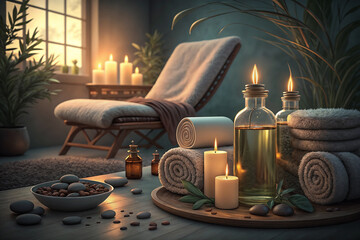 A quiet place for yoga and relaxation. An empty armchair with towels and lighted candles