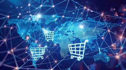 Global digital network and worldwide connectivity for ecommerce international business finance and data driven marketing  Symbols of modern technology smart transportation and future commerce