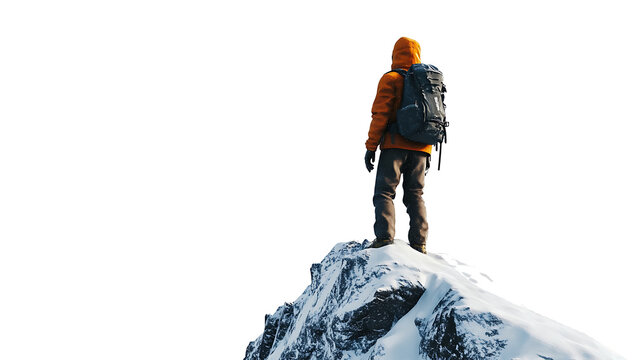 Hiker standing on top of a snowy mountain isolated on white background