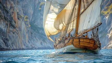 A large sailboat is sailing in the ocean with a white sail. The boat is the main focus of the image, and it is moving through the water with ease