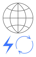 Globe with grid lines, blue lightning bolt, circular arrows symbolizing power, renewable energy, environmental conservation. Ideal for energy, sustainability, ecology, technology globalization