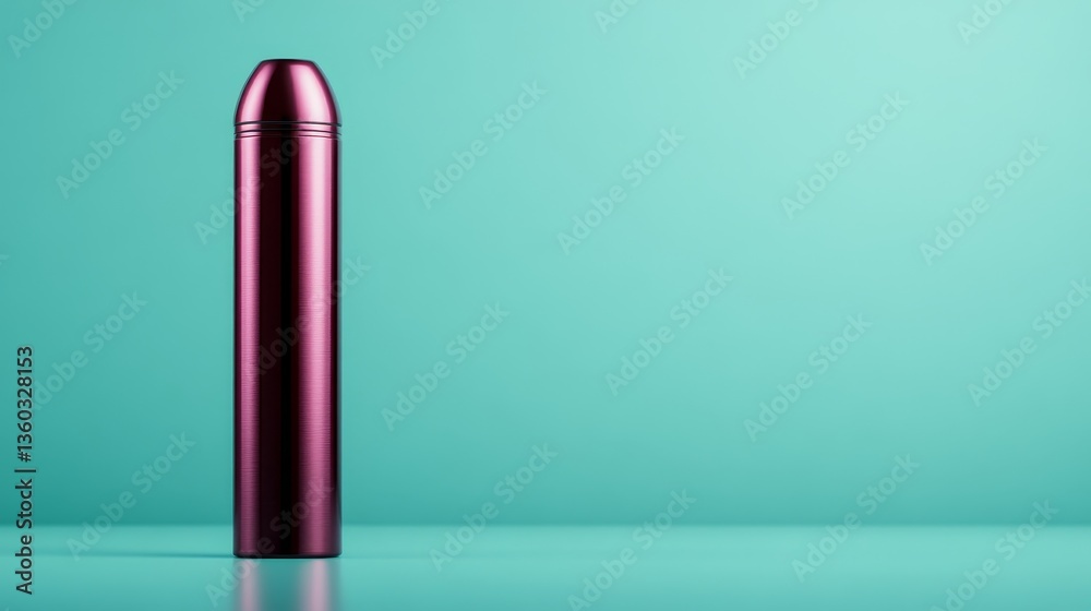 Poster a polished metal rocket in vibrant red stands against a soft pastel blue backdrop, featuring smooth 
