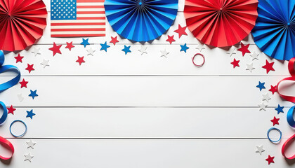 Obraz premium Patriotic red white and blue decorations on wooden background