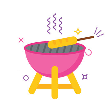 The image shows a cartoon illustration of a barbecue grill. The grill is pink and bowl-shaped, supported by four yellow legs.