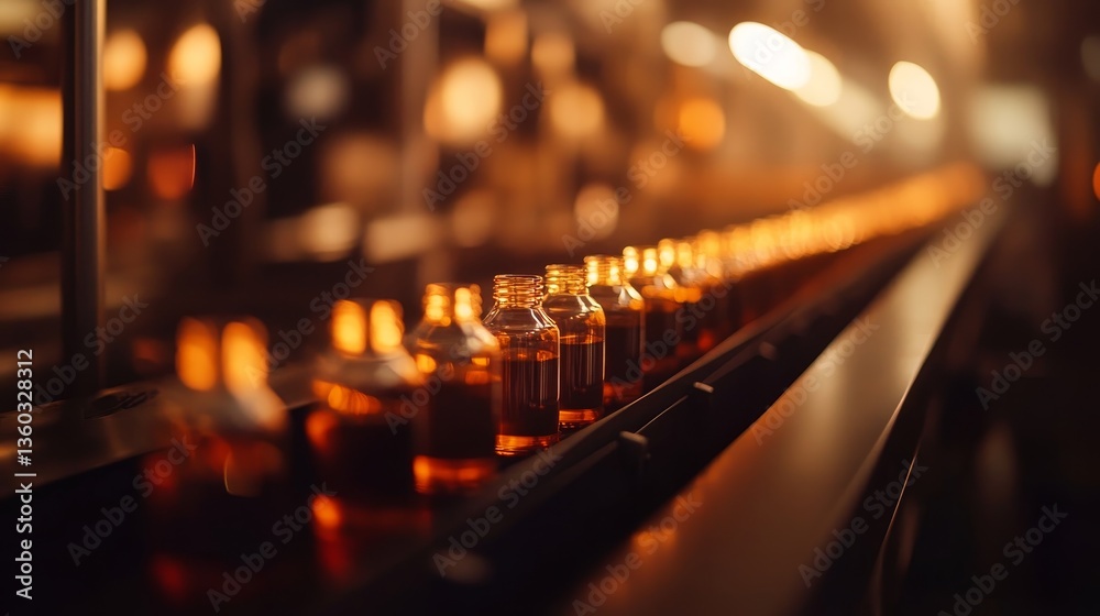 Poster conveyor belt in a beverage factory carries a row of transparent water bottles, illuminated by indus