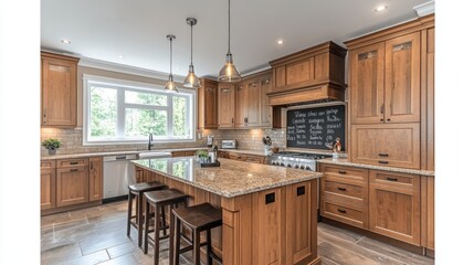 A kitchen with a large island and a chalkboard above it. The kitchen is well-lit and has a warm, inviting atmosphere