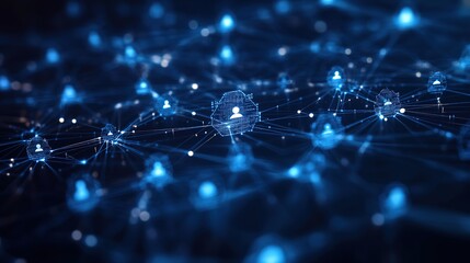 Glowing blue icons of people linked by network lines, suggesting the interconnectedness and digital relationships in the modern society.
