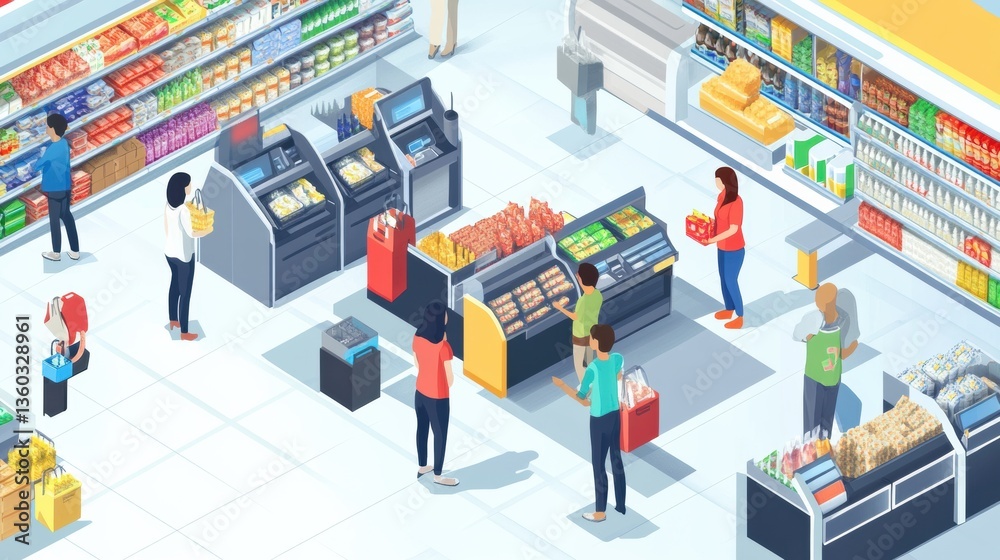 Aufkleber Bright and modern isometric supermarket with customers shopping and self-checkout counters in a busy grocery environment Generative AI