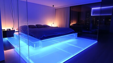 Minimalist high-tech bedroom with a glass-paneled smart floor, voice-activated lighting, and a bed that adjusts its shape for ultimate comfort 