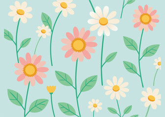 Delicate Floral Pattern of Pink and White Daisies on a Light Blue Background