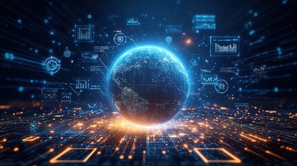 A blue Earth surrounded by various data charts and rays of light, representing the integration of global information and digital technology.