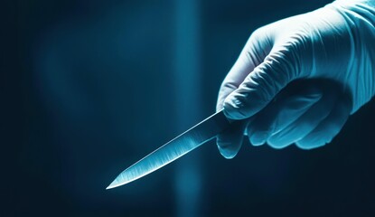 A gloved hand holds a sharp knife, hinting at surgery, a crime scene, or forensic work.