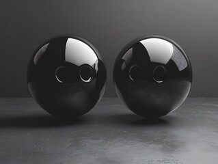 Two black shiny spheres with three circular holes are depicted