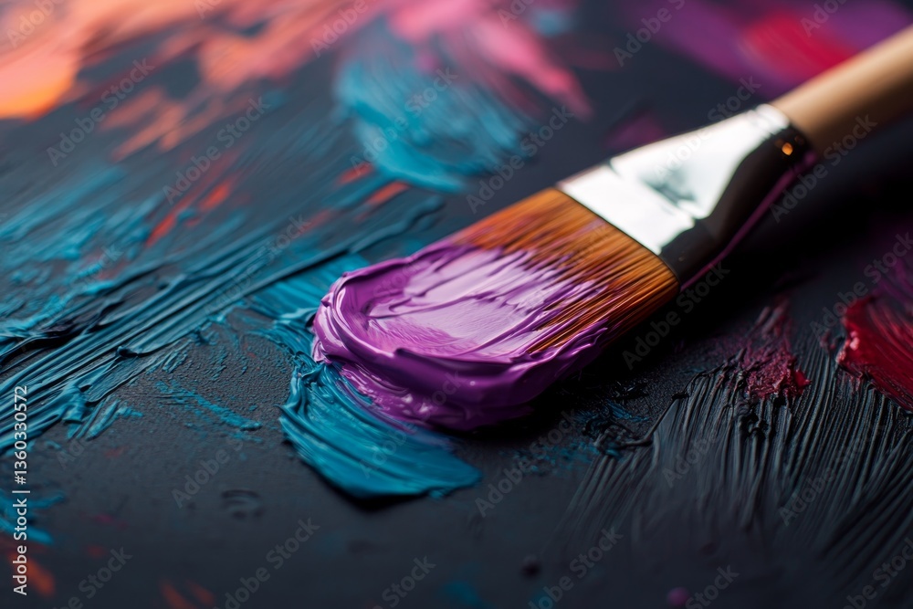 Fototapete a wooden brush with purple paint rests on a colorful palette featuring streaks of various hues, invi