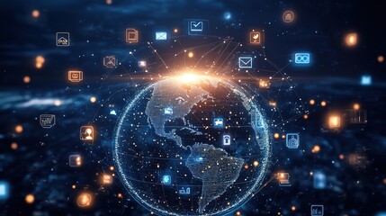 A blue Earth encircled by network lines and various icons, signifying the global reach and digital connectivity of the modern world.