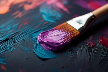 Fototapeta premium A wooden brush with purple paint rests on a colorful palette featuring streaks of various hues, inviting creativity and artistic expression in a studio setting